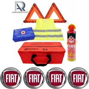 Kit Trusa siguranta rutiera auto, Omologat R.A.R, Valabilitate 5 ani, 1x Extinctor tip spray, 1x Trusa Medicala, 2x Triunghiuri,1x Geanta depozitare rosie, 4x Stickere auto Fiat