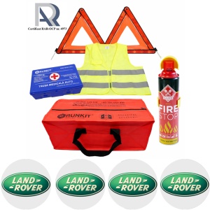 Kit Trusa siguranta rutiera auto, Omologat R.A.R, Valabilitate 5 ani, 1x Extinctor tip spray, 1x Trusa Medicala, 2x Triunghiuri,1x Geanta depozitare rosie, 4x Stickere auto Land Rover