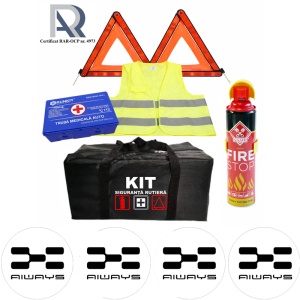 Kit Trusa siguranta rutiera auto, Omologat R.A.R, Valabilitate 5 ani, 1x Extinctor tip spray, 1x Trusa Medicala, 2x Triunghiuri,1x Geanta depozitare neagra, 4x Stickere auto Always