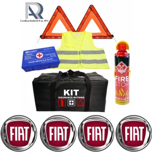 Kit Trusa siguranta rutiera auto, Omologat R.A.R, Valabilitate 5 ani, 1x Extinctor tip spray, 1x Trusa Medicala, 2x Triunghiuri,1x Geanta depozitare neagra, 4x Stickere auto Fiat