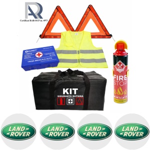 Kit Trusa siguranta rutiera auto, Omologat R.A.R, Valabilitate 5 ani, 1x Extinctor tip spray, 1x Trusa Medicala, 2x Triunghiuri,1x Geanta depozitare neagra, 4x Stickere auto Land Rover