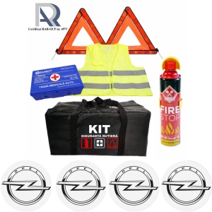 Kit Trusa siguranta rutiera auto, Omologat R.A.R, Valabilitate 5 ani, 1x Extinctor tip spray, 1x Trusa Medicala, 2x Triunghiuri,1x Geanta depozitare neagra, 4x Stickere auto Opel