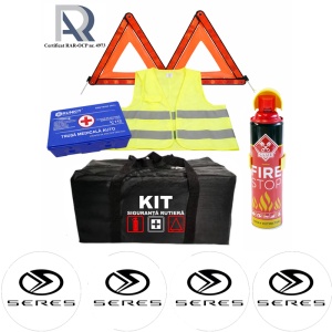 Kit Trusa siguranta rutiera auto, Omologat R.A.R, Valabilitate 5 ani, 1x Extinctor tip spray, 1x Trusa Medicala, 2x Triunghiuri,1x Geanta depozitare neagra, 4x Stickere auto Seres
