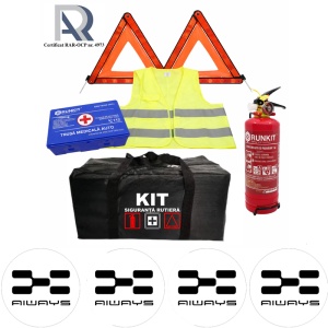 Kit Trusa siguranta rutiera auto, Omologat R.A.R, Valabilitate 5 ani, 1x Stingator cu manometru 1kg P1, 1x Trusa Medicala, 2x Triunghiuri,1x Geanta depozitare neagra, 4x Stickere auto Always