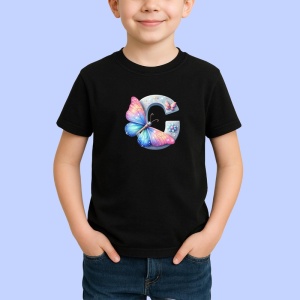 Tricou Alfabet Litera C cu fluturi colorati, stele aurii, flori colorate, Negru, Unisex Dama si Barbat | Copii - Img 1