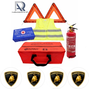 Kit Trusa siguranta rutiera auto, Omologat R.A.R, Valabilitate 5 ani, 1x Stingator cu manometru 1kg P1, 1x Trusa Medicala, 2x Triunghiuri,1x Geanta depozitare rosie, 4x Stickere auto Lamborghini