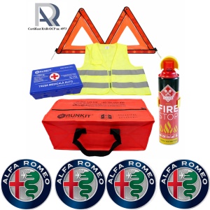 Kit Trusa siguranta rutiera auto, Omologat R.A.R, Valabilitate 5 ani, 1x Extinctor tip spray, 1x Trusa Medicala, 2x Triunghiuri,1x Geanta depozitare rosie, 4x Stickere auto Alfa Romeo
