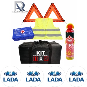 Kit Trusa siguranta rutiera auto, Omologat R.A.R, Valabilitate 5 ani, 1x Extinctor tip spray, 1x Trusa Medicala, 2x Triunghiuri,1x Geanta depozitare neagra, 4x Stickere auto Lada