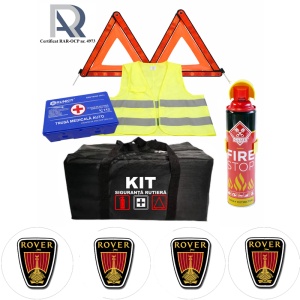 Kit Trusa siguranta rutiera auto, Omologat R.A.R, Valabilitate 5 ani, 1x Extinctor tip spray, 1x Trusa Medicala, 2x Triunghiuri,1x Geanta depozitare neagra, 4x Stickere auto Rover