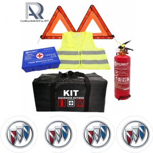 Kit Trusa siguranta rutiera auto, Omologat R.A.R, Valabilitate 5 ani, 1x Stingator cu manometru 1kg P1, 1x Trusa Medicala, 2x Triunghiuri,1x Geanta depozitare neagra, 4x Stickere auto Buick