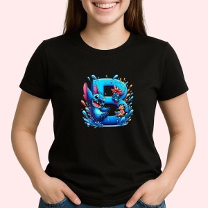 Tricou Alfabet Litera B cu Lilo si Stitch albastru, veselie mare, Negru, Unisex Dama si Barbat | Copii - Img 1