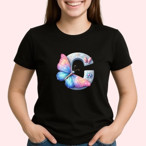 Tricou Alfabet Litera C cu fluturi colorati, stele aurii, flori colorate, Negru, Unisex Dama si Barbat | Copii - Img 2