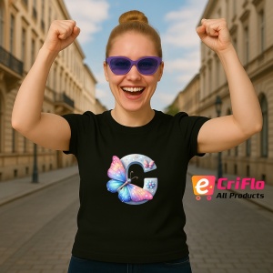Tricou Alfabet Litera C cu fluturi colorati, stele aurii, flori colorate, Negru, Unisex Dama si Barbat | Copii - Img 3