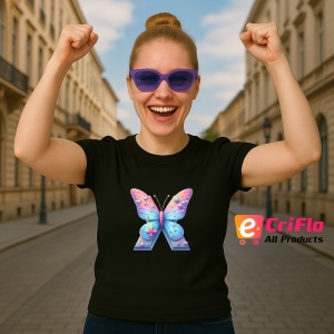 Tricou Alfabet Litera X cu fluturi colorati, stele aurii, flori colorate, Negru, Unisex Dama si Barbat | Copii - Img 3