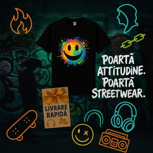 Tricou Smiley Happy Colorat Negru, Copii | Dama | Barbat - Img 2