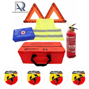 Kit Trusa siguranta rutiera auto, Omologat R.A.R, Valabilitate 5 ani, 1x Stingator cu manometru 1kg P1, 1x Trusa Medicala, 2x Triunghiuri,1x Geanta depozitare rosie, 4x Stickere auto Abarth