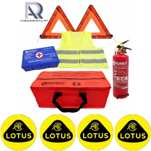 Kit Trusa siguranta rutiera auto, Omologat R.A.R, Valabilitate 5 ani, 1x Stingator cu manometru 1kg P1, 1x Trusa Medicala, 2x Triunghiuri,1x Geanta depozitare rosie, 4x Stickere auto Lotus
