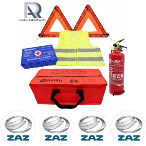 Kit Trusa siguranta rutiera auto, Omologat R.A.R, Valabilitate 5 ani, 1x Stingator cu manometru 1kg P1, 1x Trusa Medicala, 2x Triunghiuri,1x Geanta depozitare rosie, 4x Stickere auto Zaz