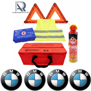 Kit Trusa siguranta rutiera auto, Omologat R.A.R, Valabilitate 5 ani, 1x Extinctor tip spray, 1x Trusa Medicala, 2x Triunghiuri,1x Geanta depozitare rosie, 4x Stickere auto Bmw
