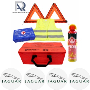 Kit Trusa siguranta rutiera auto, Omologat R.A.R, Valabilitate 5 ani, 1x Extinctor tip spray, 1x Trusa Medicala, 2x Triunghiuri,1x Geanta depozitare rosie, 4x Stickere auto Jaguar