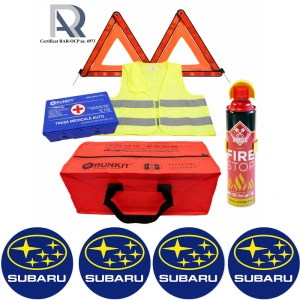 Kit Trusa siguranta rutiera auto, Omologat R.A.R, Valabilitate 5 ani, 1x Extinctor tip spray, 1x Trusa Medicala, 2x Triunghiuri,1x Geanta depozitare rosie, 4x Stickere auto Subaru