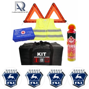 Kit Trusa siguranta rutiera auto, Omologat R.A.R, Valabilitate 5 ani, 1x Extinctor tip spray, 1x Trusa Medicala, 2x Triunghiuri,1x Geanta depozitare neagra, 4x Stickere auto Gaz