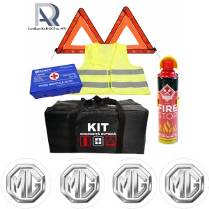Kit Trusa siguranta rutiera auto, Omologat R.A.R, Valabilitate 5 ani, 1x Extinctor tip spray, 1x Trusa Medicala, 2x Triunghiuri,1x Geanta depozitare neagra, 4x Stickere auto Mg