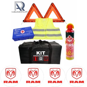 Kit Trusa siguranta rutiera auto, Omologat R.A.R, Valabilitate 5 ani, 1x Extinctor tip spray, 1x Trusa Medicala, 2x Triunghiuri,1x Geanta depozitare neagra, 4x Stickere auto Ram