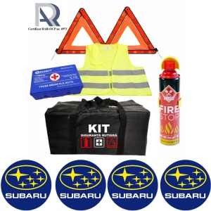Kit Trusa siguranta rutiera auto, Omologat R.A.R, Valabilitate 5 ani, 1x Extinctor tip spray, 1x Trusa Medicala, 2x Triunghiuri,1x Geanta depozitare neagra, 4x Stickere auto Subaru