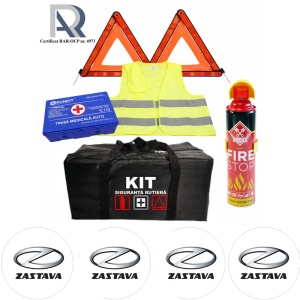 Kit Trusa siguranta rutiera auto, Omologat R.A.R, Valabilitate 5 ani, 1x Extinctor tip spray, 1x Trusa Medicala, 2x Triunghiuri,1x Geanta depozitare neagra, 4x Stickere auto Zastava