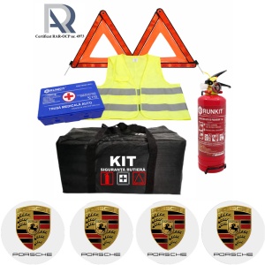 Kit Trusa siguranta rutiera auto, Omologat R.A.R, Valabilitate 5 ani, 1x Stingator cu manometru 1kg P1, 1x Trusa Medicala, 2x Triunghiuri,1x Geanta depozitare neagra, 4x Stickere auto Porsche