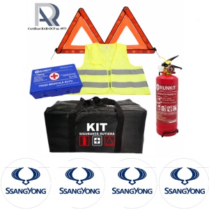 Kit Trusa siguranta rutiera auto, Omologat R.A.R, Valabilitate 5 ani, 1x Stingator cu manometru 1kg P1, 1x Trusa Medicala, 2x Triunghiuri,1x Geanta depozitare neagra, 4x Stickere auto Ssangyong