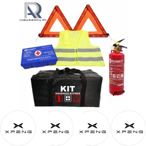 Kit Trusa siguranta rutiera auto, Omologat R.A.R, Valabilitate 5 ani, 1x Stingator cu manometru 1kg P1, 1x Trusa Medicala, 2x Triunghiuri,1x Geanta depozitare neagra, 4x Stickere auto Xpeng