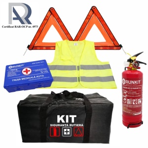Kit Trusa siguranta RUTIERA auto, Omologat R.A.R, Valabilitate 5 ani, 1x Stingator cu manometru 1kg P1, 1x Trusa Medicala, 2x Triunghiuri,1x Geanta depozitare neagra SETRUTIERA