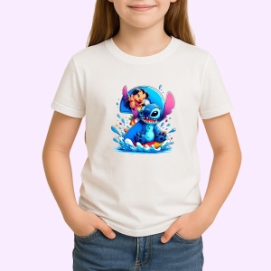 Tricou Alfabet Cifra 2 cu Lilo si Stitch albastru, veselie mare, Alb, Unisex Dama si Barbat | Copii - Img 1