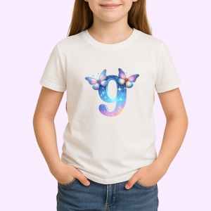 Tricou Alfabet Cifra 9 cu fluturi colorati, stele aurii, flori colorate, Alb, Unisex Dama si Barbat | Copii - Img 1