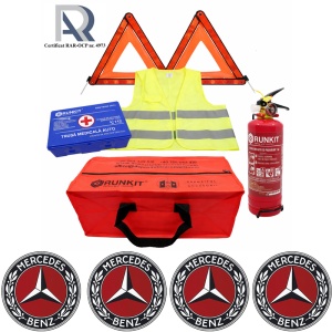 Kit Trusa siguranta rutiera auto, Omologat R.A.R, Valabilitate 5 ani, 1x Stingator cu manometru 1kg P1, 1x Trusa Medicala, 2x Triunghiuri,1x Geanta depozitare rosie, 4x Stickere auto Mercedes-Benz