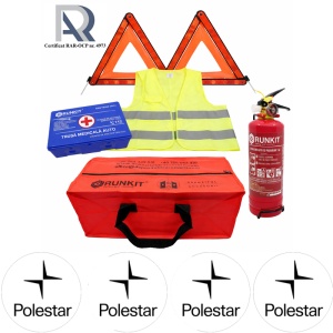 Kit Trusa siguranta rutiera auto, Omologat R.A.R, Valabilitate 5 ani, 1x Stingator cu manometru 1kg P1, 1x Trusa Medicala, 2x Triunghiuri,1x Geanta depozitare rosie, 4x Stickere auto Polestar