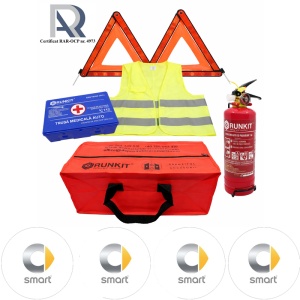 Kit Trusa siguranta rutiera auto, Omologat R.A.R, Valabilitate 5 ani, 1x Stingator cu manometru 1kg P1, 1x Trusa Medicala, 2x Triunghiuri,1x Geanta depozitare rosie, 4x Stickere auto Smart