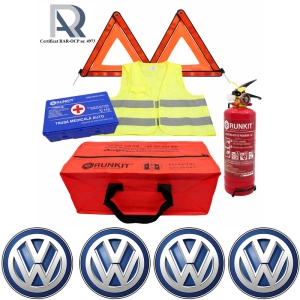 Kit Trusa siguranta rutiera auto, Omologat R.A.R, Valabilitate 5 ani, 1x Stingator cu manometru 1kg P1, 1x Trusa Medicala, 2x Triunghiuri,1x Geanta depozitare rosie, 4x Stickere auto VOLKSWAGEN