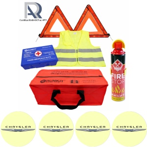 Kit Trusa siguranta rutiera auto, Omologat R.A.R, Valabilitate 5 ani, 1x Extinctor tip spray, 1x Trusa Medicala, 2x Triunghiuri,1x Geanta depozitare rosie, 4x Stickere auto Chrysler