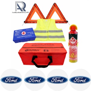 Kit Trusa siguranta rutiera auto, Omologat R.A.R, Valabilitate 5 ani, 1x Extinctor tip spray, 1x Trusa Medicala, 2x Triunghiuri,1x Geanta depozitare rosie, 4x Stickere auto Ford
