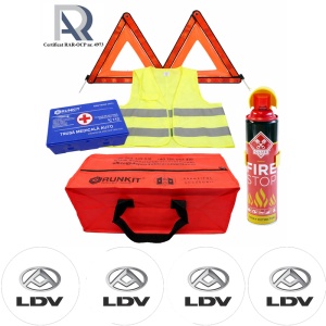 Kit Trusa siguranta rutiera auto, Omologat R.A.R, Valabilitate 5 ani, 1x Extinctor tip spray, 1x Trusa Medicala, 2x Triunghiuri,1x Geanta depozitare rosie, 4x Stickere auto Ldv