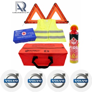 Kit Trusa siguranta rutiera auto, Omologat R.A.R, Valabilitate 5 ani, 1x Extinctor tip spray, 1x Trusa Medicala, 2x Triunghiuri,1x Geanta depozitare rosie, 4x Stickere auto Volvo
