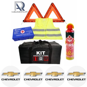 Kit Trusa siguranta rutiera auto, Omologat R.A.R, Valabilitate 5 ani, 1x Extinctor tip spray, 1x Trusa Medicala, 2x Triunghiuri,1x Geanta depozitare neagra, 4x Stickere auto Chevrolet