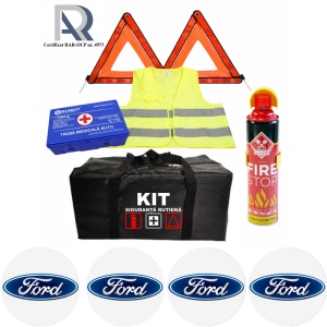 Kit Trusa siguranta rutiera auto, Omologat R.A.R, Valabilitate 5 ani, 1x Extinctor tip spray, 1x Trusa Medicala, 2x Triunghiuri,1x Geanta depozitare neagra, 4x Stickere auto Ford
