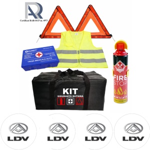 Kit Trusa siguranta rutiera auto, Omologat R.A.R, Valabilitate 5 ani, 1x Extinctor tip spray, 1x Trusa Medicala, 2x Triunghiuri,1x Geanta depozitare neagra, 4x Stickere auto Ldv