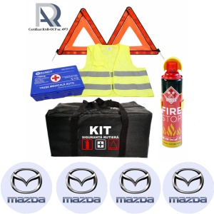 Kit Trusa siguranta rutiera auto, Omologat R.A.R, Valabilitate 5 ani, 1x Extinctor tip spray, 1x Trusa Medicala, 2x Triunghiuri,1x Geanta depozitare neagra, 4x Stickere auto Mazda
