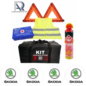 Kit Trusa siguranta rutiera auto, Omologat R.A.R, Valabilitate 5 ani, 1x Extinctor tip spray, 1x Trusa Medicala, 2x Triunghiuri,1x Geanta depozitare neagra, 4x Stickere auto Skoda
