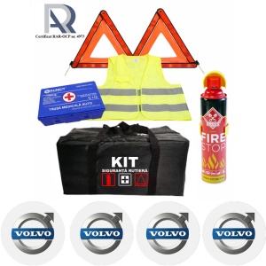 Kit Trusa siguranta rutiera auto, Omologat R.A.R, Valabilitate 5 ani, 1x Extinctor tip spray, 1x Trusa Medicala, 2x Triunghiuri,1x Geanta depozitare neagra, 4x Stickere auto Volvo